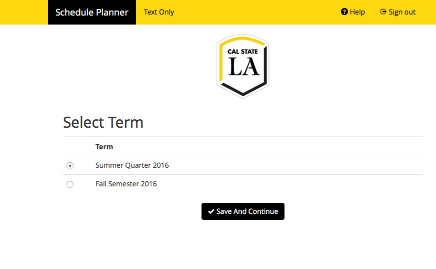 Screenshot of Schedule Planner showing header Select Term with checkboxes that indicate terms that can be selected